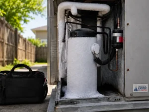 Outdoor HVAC unit with frost-covered pipes; toolbox on ground nearby in a residential backyard.