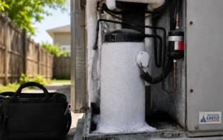 prevent-ac-breakdowns-in-hot-houston-summer-like-this-frozen-compressor | Castle AC & Heating Outdoor HVAC unit with frost-covered pipes; toolbox on ground nearby in a residential backyard.