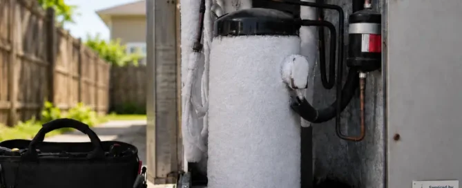 Outdoor HVAC unit with frost-covered pipes; toolbox on ground nearby in a residential backyard.
