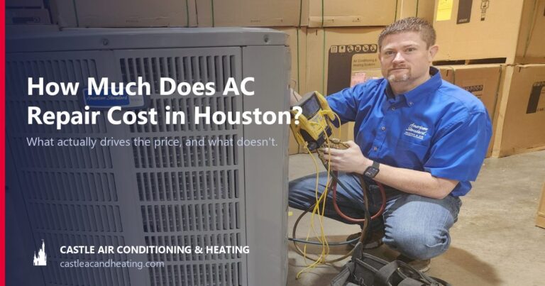 Castle AC & Heating owner Josh Cartwright checking refrigerant charge on an American Standard air conditioner in Southwest Houston