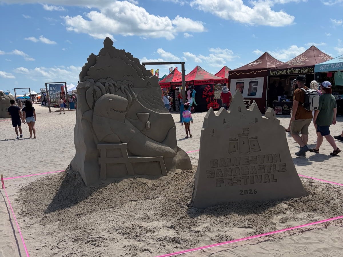 Sand sculptures at the 2026 Galveston Sandcastle Festival, including one carved with Galveston Sandcastle Festival 2026