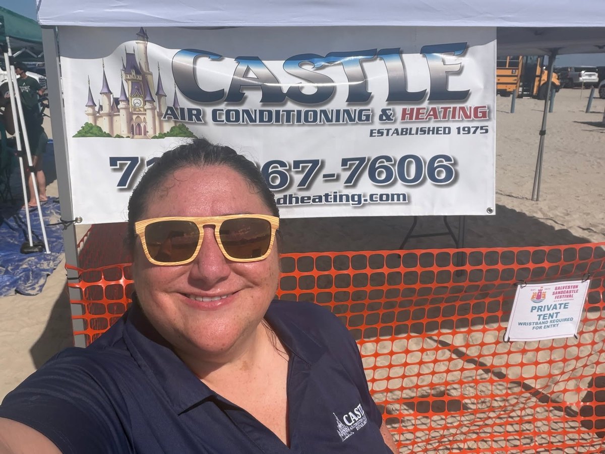 Sarah West, office manager at Castle Air Conditioning and Heating, at the company tent during the 2026 Galveston Sandcastle Festival