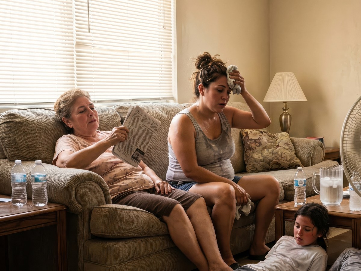 An older woman, an adult and a child in a hot living room, all showing signs of heat discomfort