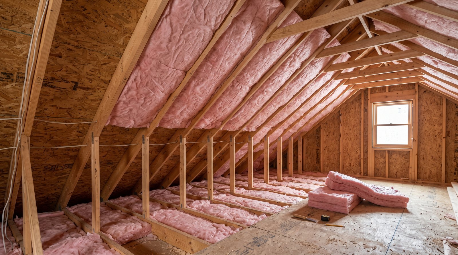 Pink fiberglass batts installed between the joists and rafters of a residential attic, with spare batts stacked on the floor.