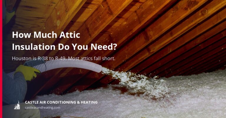 A technician blows loose-fill insulation from a hose between the wooden rafters of an attic.