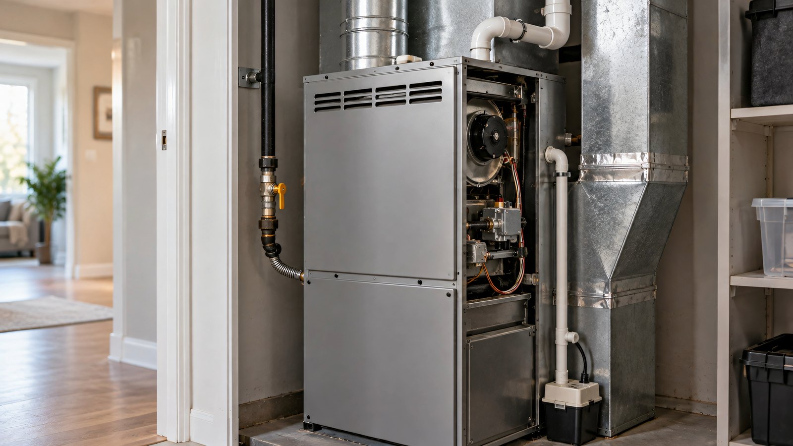A gas furnace installed in a utility closet with the front panel open, showing the blower and the ductwork above it