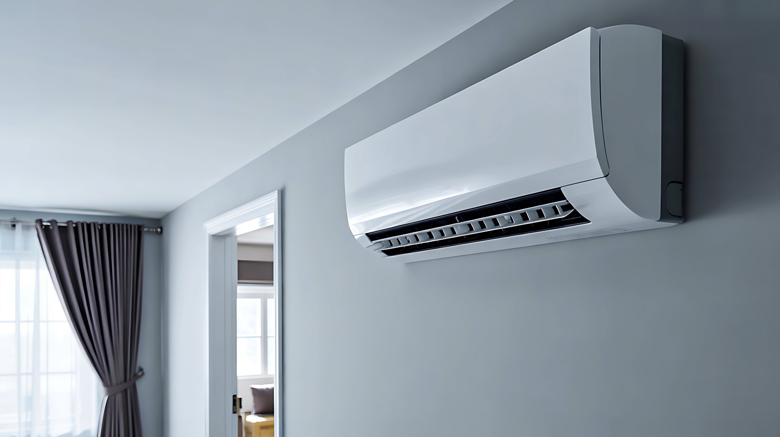 A white wall-mounted mini split unit installed high on the wall of a room