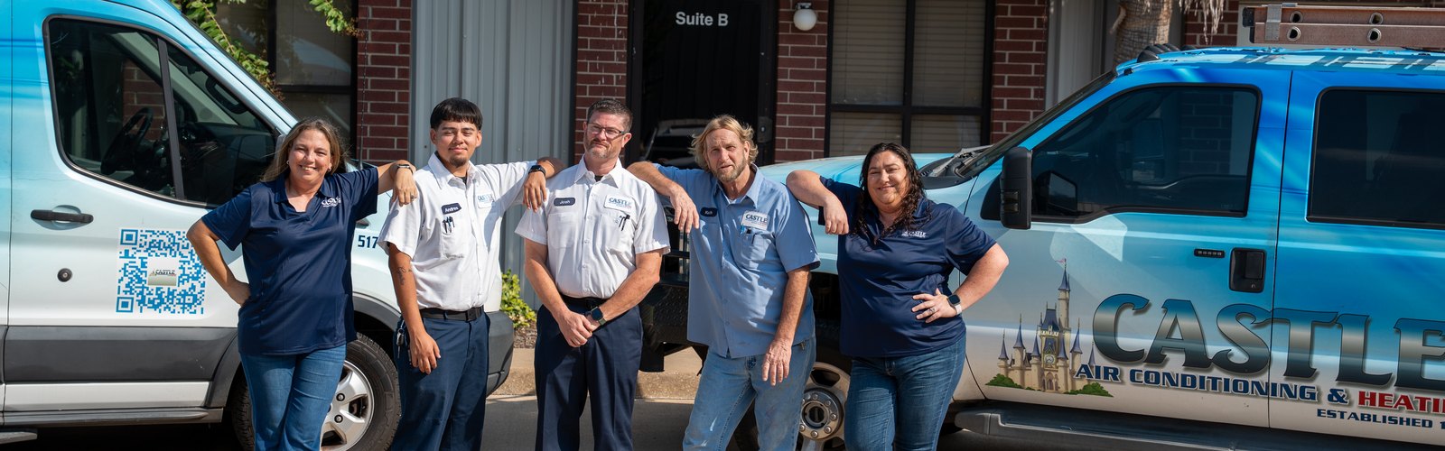 The Castle Air Conditioning and Heating team with their van and service truck, the HVAC crew covering Katy TX