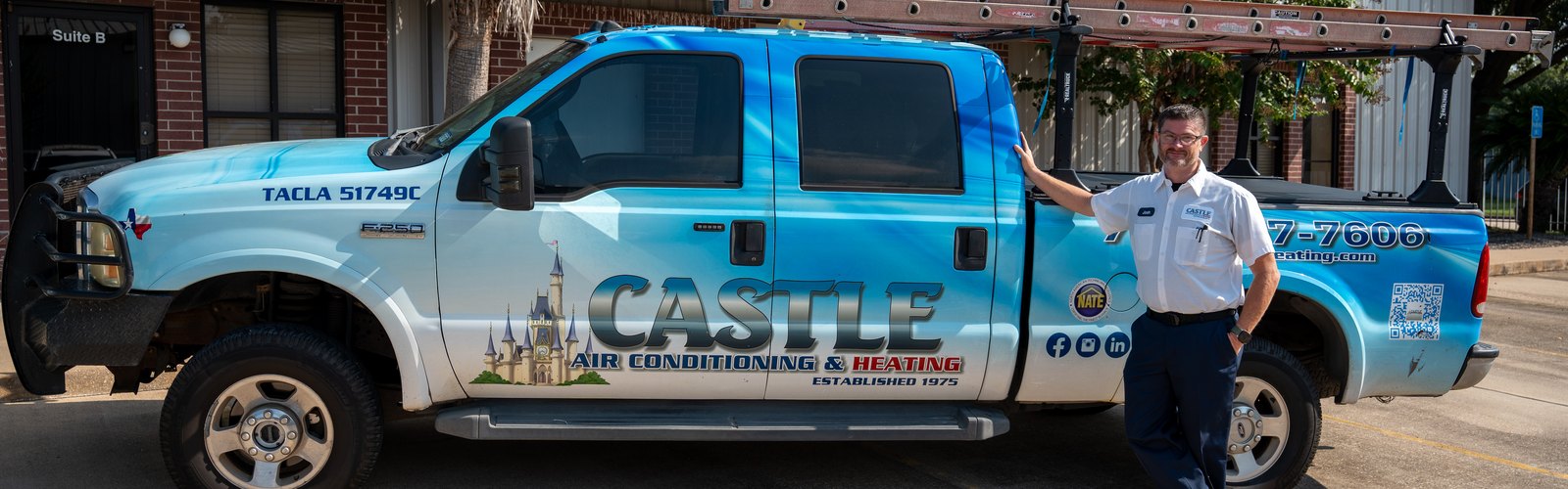 Castle AC and Heating service truck and technician arriving for a preventative maintenance visit in Houston
